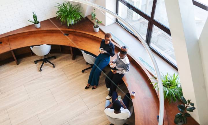 Three people stand and sit in a modern office break area holding coffee cups, with large windows and green plants in the background.
