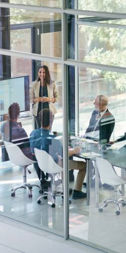 A group of people sit around a conference table in a glass-walled meeting room while a woman stands and presents at the front.